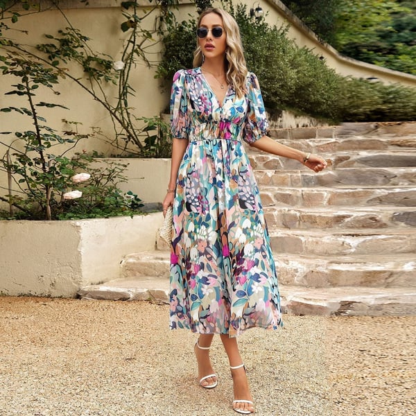 Bernadine | Gemustertes V-Ausschnitt-Kleid für Damen