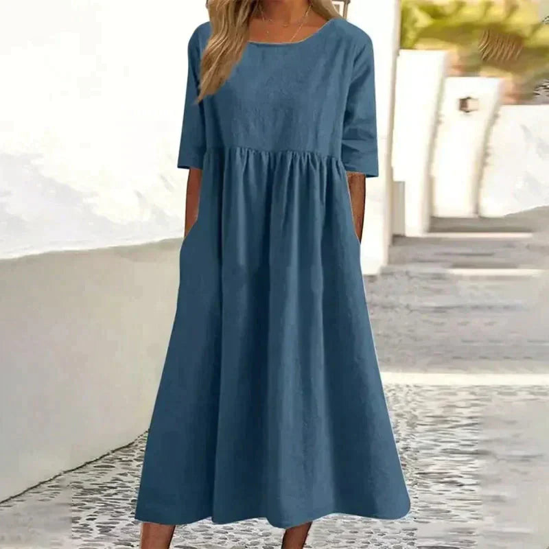 Damen Baumwoll Sommer Maxi kleid mit Rundhalsausschnitt und Knotendesign