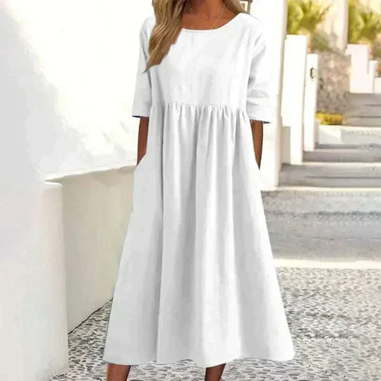 Damen Baumwoll Sommer Maxi kleid mit Rundhalsausschnitt und Knotendesign