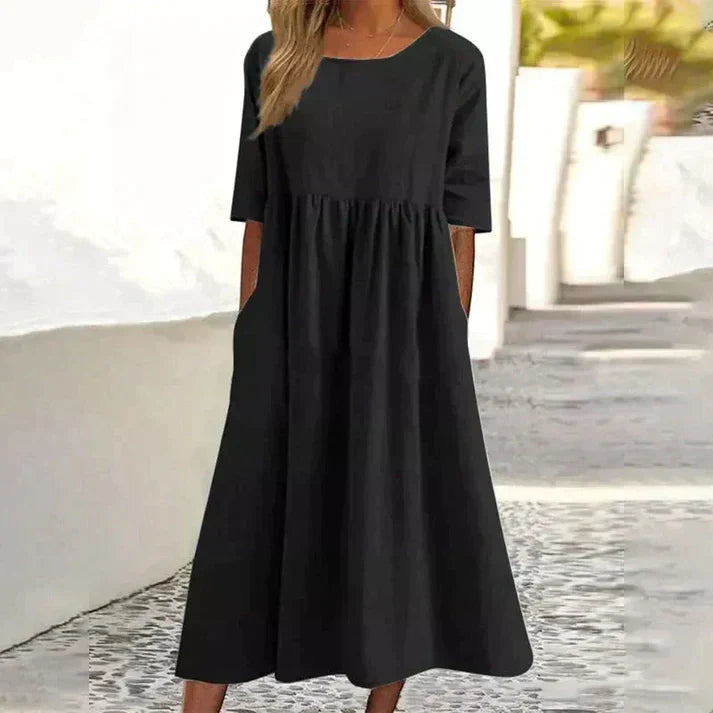 Damen Baumwoll Sommer Maxi kleid mit Rundhalsausschnitt und Knotendesign