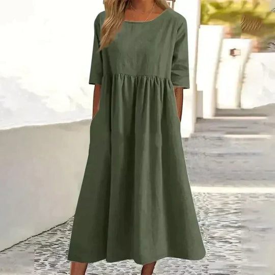 Damen Baumwoll Sommer Maxi kleid mit Rundhalsausschnitt und Knotendesign