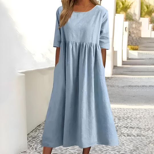Damen Baumwoll Sommer Maxi kleid mit Rundhalsausschnitt und Knotendesign