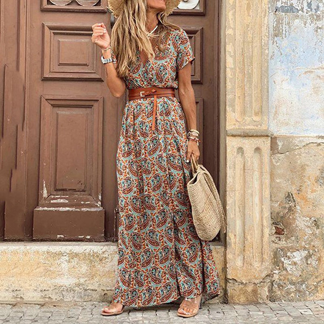 Damen Boho Sommer Maxikleid V-Ausschnitt Elegante Kleider
