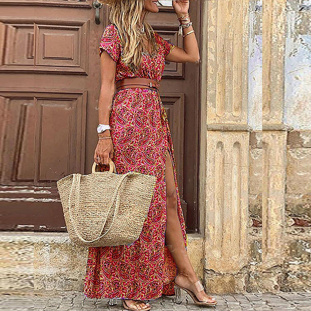 Damen Boho Sommer Maxikleid V-Ausschnitt Elegante Kleider