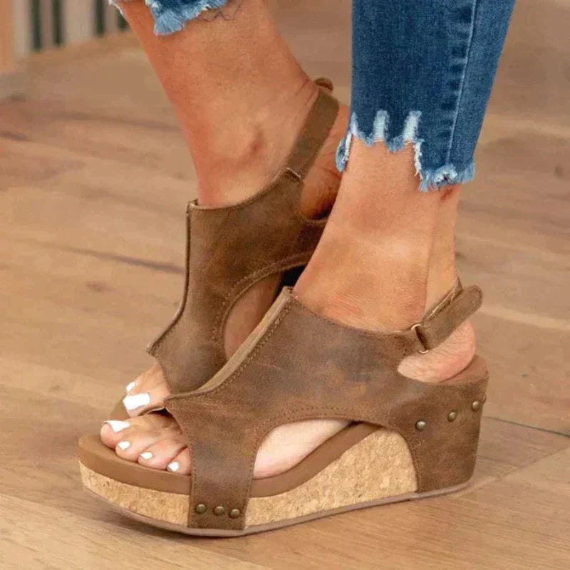 Damen Leder Keilsandalen Komfortabel Sommer Schuhe