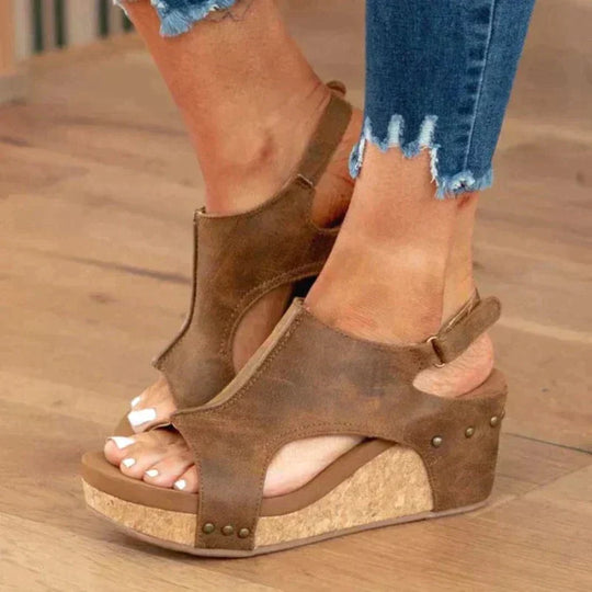 Damen Leder Keilsandalen Komfortabel Sommer Schuhe