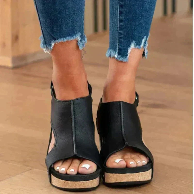 Damen Leder Keilsandalen Komfortabel Sommer Schuhe