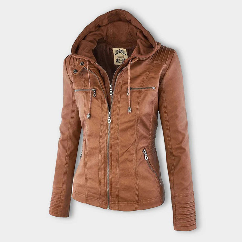 Damen Lederjacke mit Abnehmbarer Kapuze und Reißverschluss