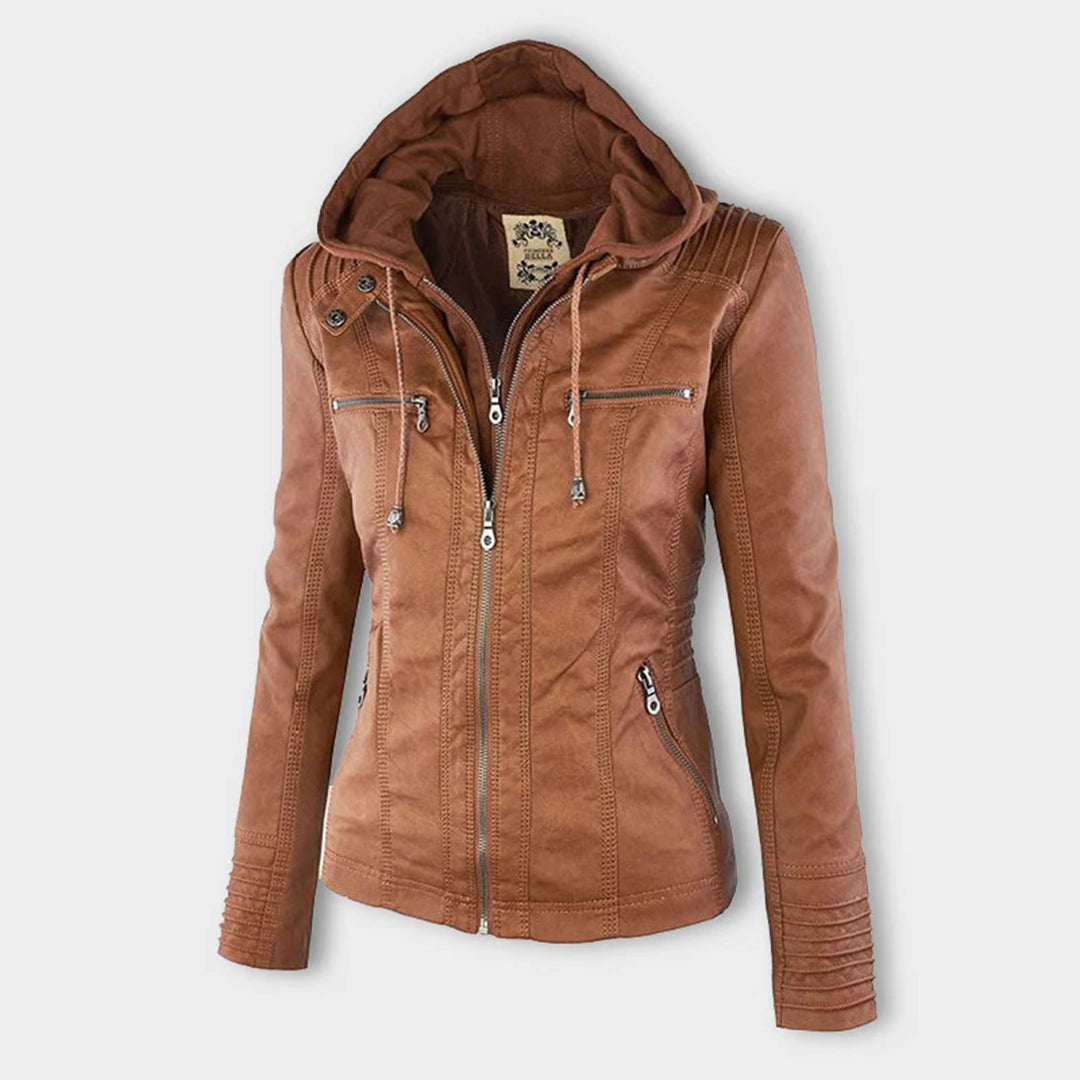Damen Lederjacke mit Abnehmbarer Kapuze und Reißverschluss