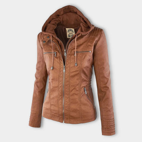 Damen Lederjacke mit Abnehmbarer Kapuze und Reißverschluss