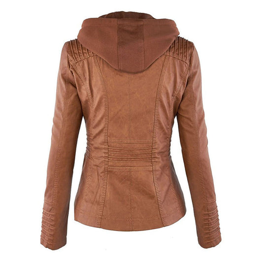 Damen Lederjacke mit Abnehmbarer Kapuze und Reißverschluss
