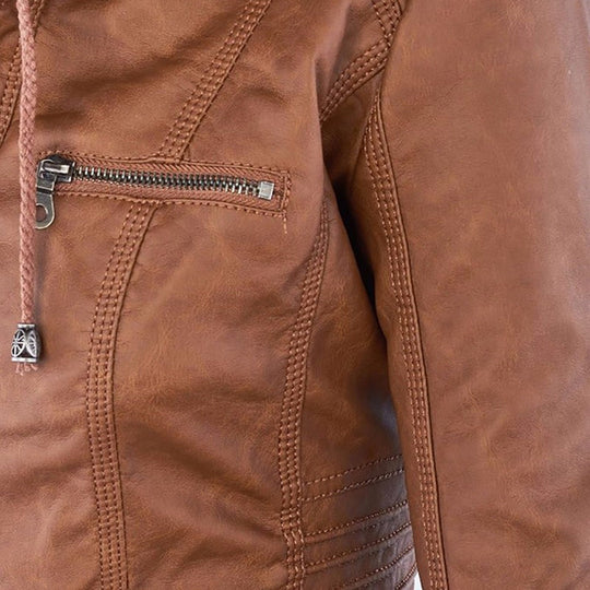 Damen Lederjacke mit Abnehmbarer Kapuze und Reißverschluss