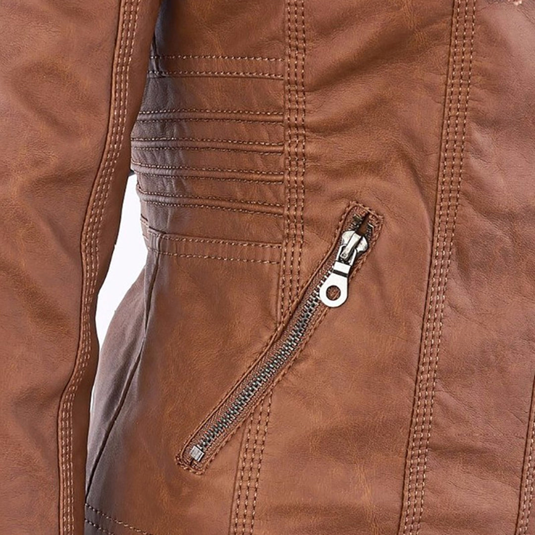 Damen Lederjacke mit Abnehmbarer Kapuze und Reißverschluss