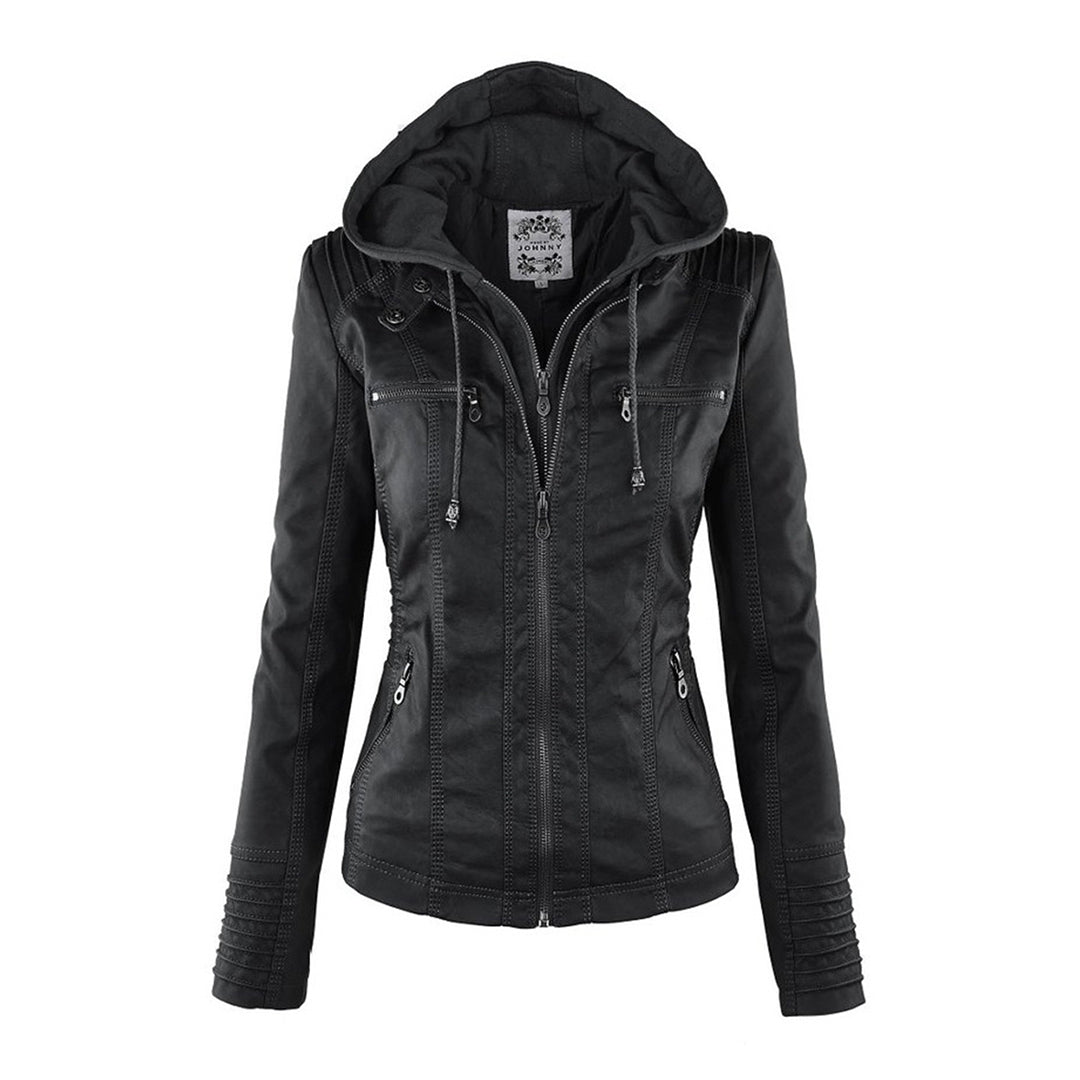 Damen Lederjacke mit Abnehmbarer Kapuze und Reißverschluss