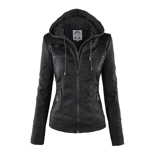 Damen Lederjacke mit Abnehmbarer Kapuze und Reißverschluss