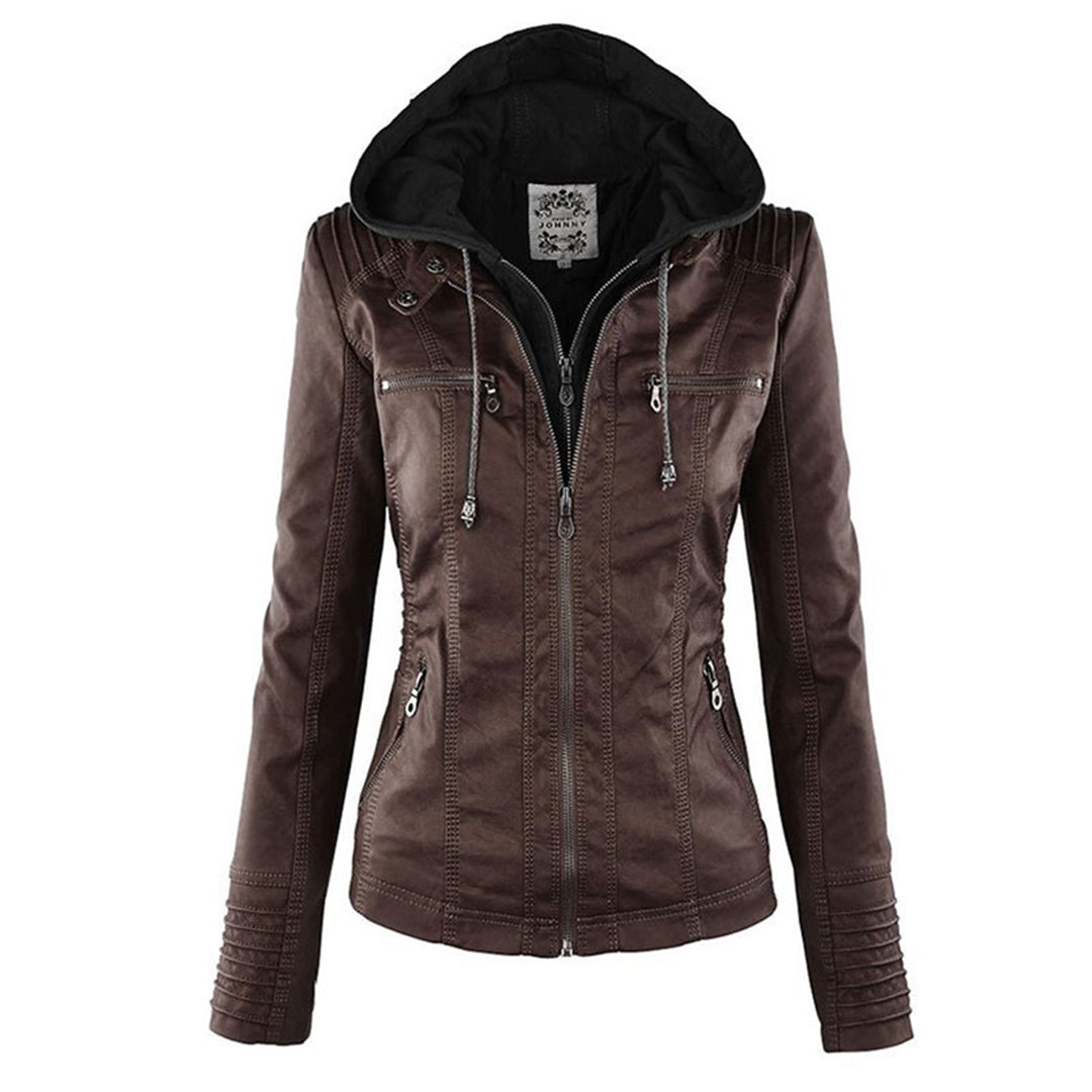 Variant image for Damen Lederjacke mit Abnehmbarer Kapuze und Reißverschluss-15