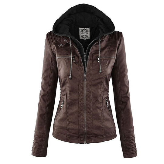 Variant image for Damen Lederjacke mit Abnehmbarer Kapuze und Reißverschluss-15