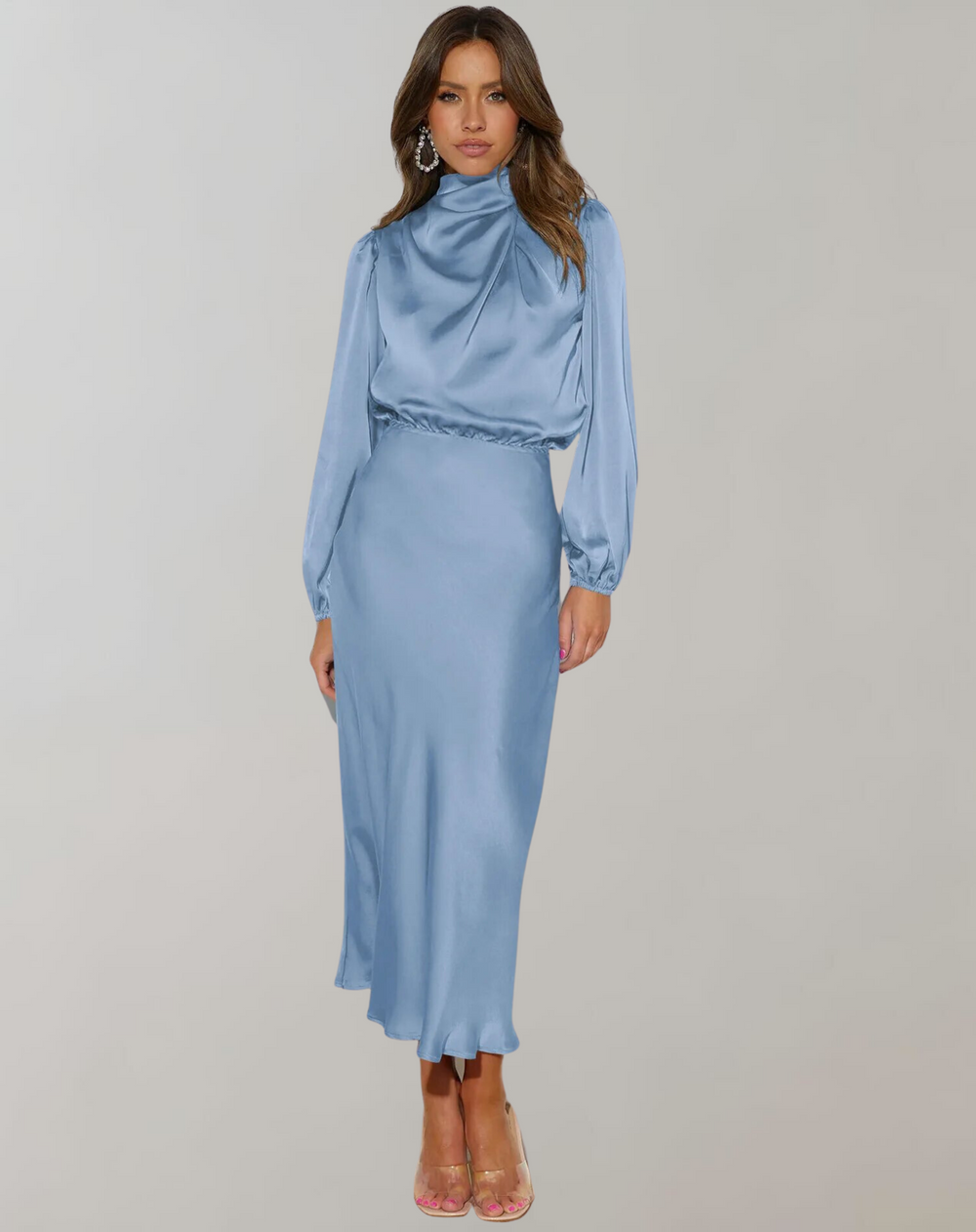 Damen Satin Midi Kleid mit Hohem Hals für Abendveranstaltungen