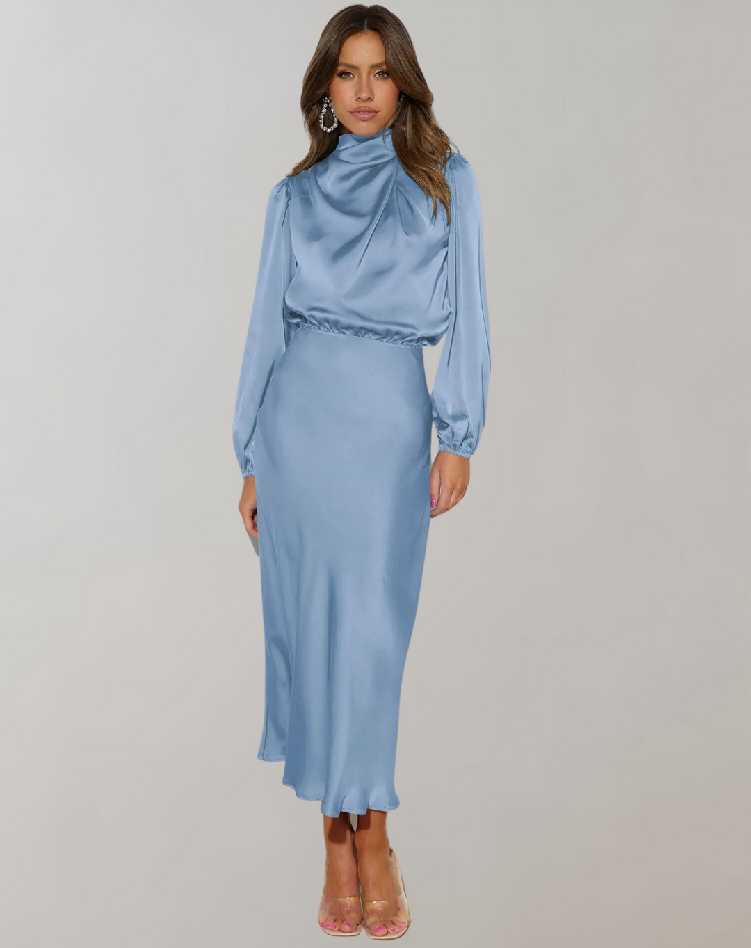 Damen Satin Midi Kleid mit Hohem Hals für Abendveranstaltungen