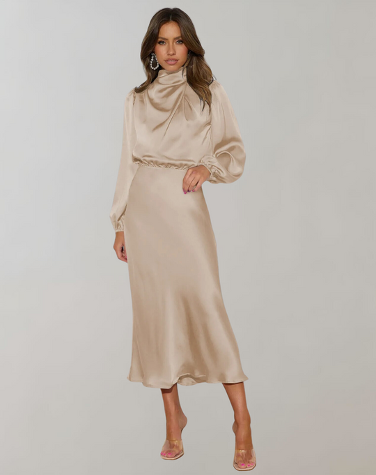 Damen Satin Midi Kleid mit Hohem Hals für Abendveranstaltungen