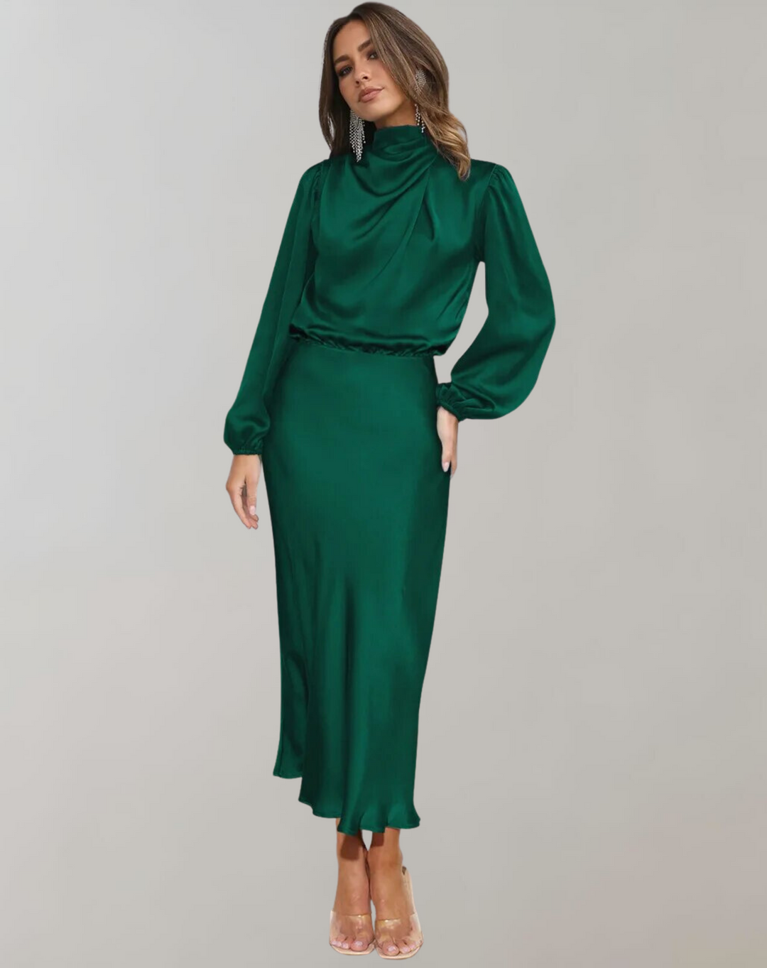 Damen Satin Midi Kleid mit Hohem Hals für Abendveranstaltungen