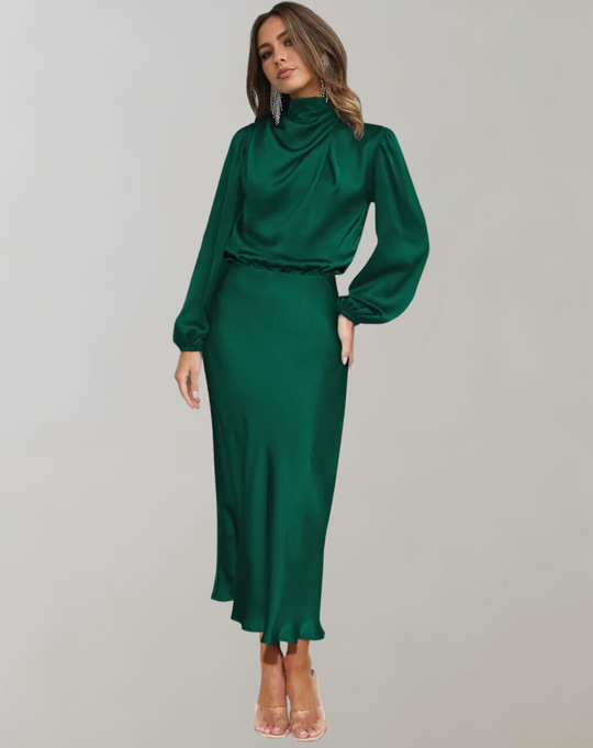 Damen Satin Midi Kleid mit Hohem Hals für Abendveranstaltungen