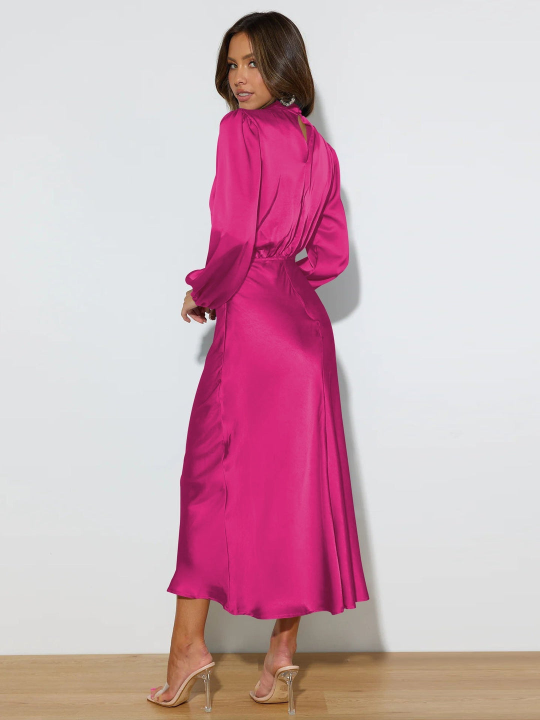 Damen Satin Midi Kleid mit Hohem Hals für Abendveranstaltungen