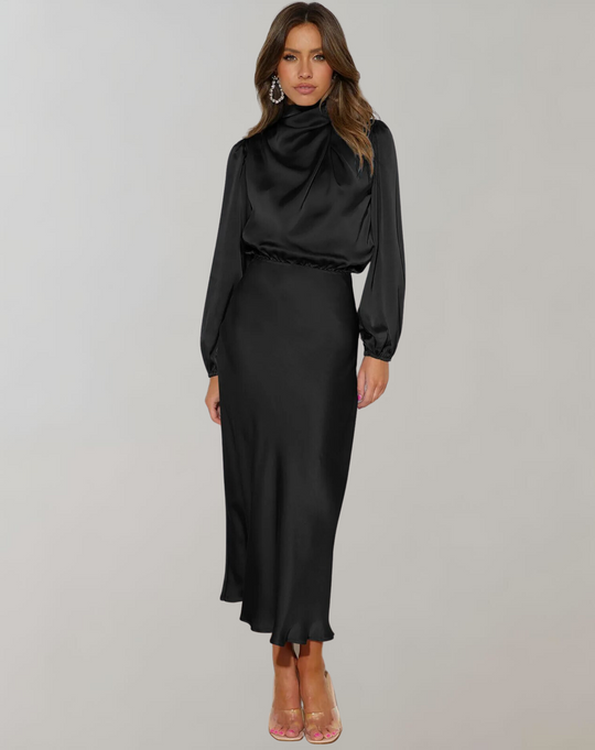 Damen Satin Midi Kleid mit Hohem Hals für Abendveranstaltungen