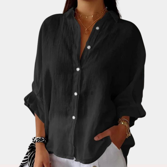 Elegante Leinenbluse Damen mit Kragen und Schnür-Details