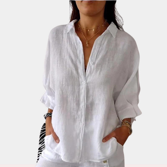 Elegante Leinenbluse Damen mit Kragen und Schnür-Details