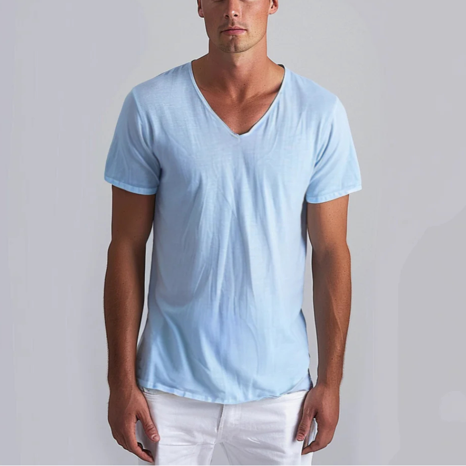 Herren Baumwoll Sommer T-Shirt V-Ausschnitt Atmungsaktiv Relaxed Fit