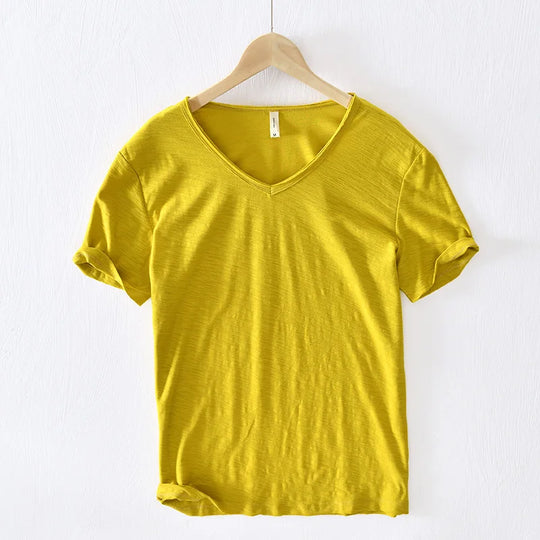 Herren Baumwoll Sommer T-Shirt V-Ausschnitt Atmungsaktiv Relaxed Fit