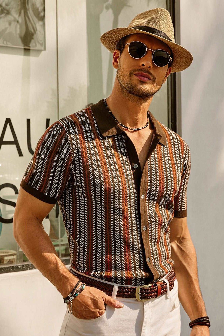 Herren Hemd Baumwolle Retro Button-Down Kurzarm