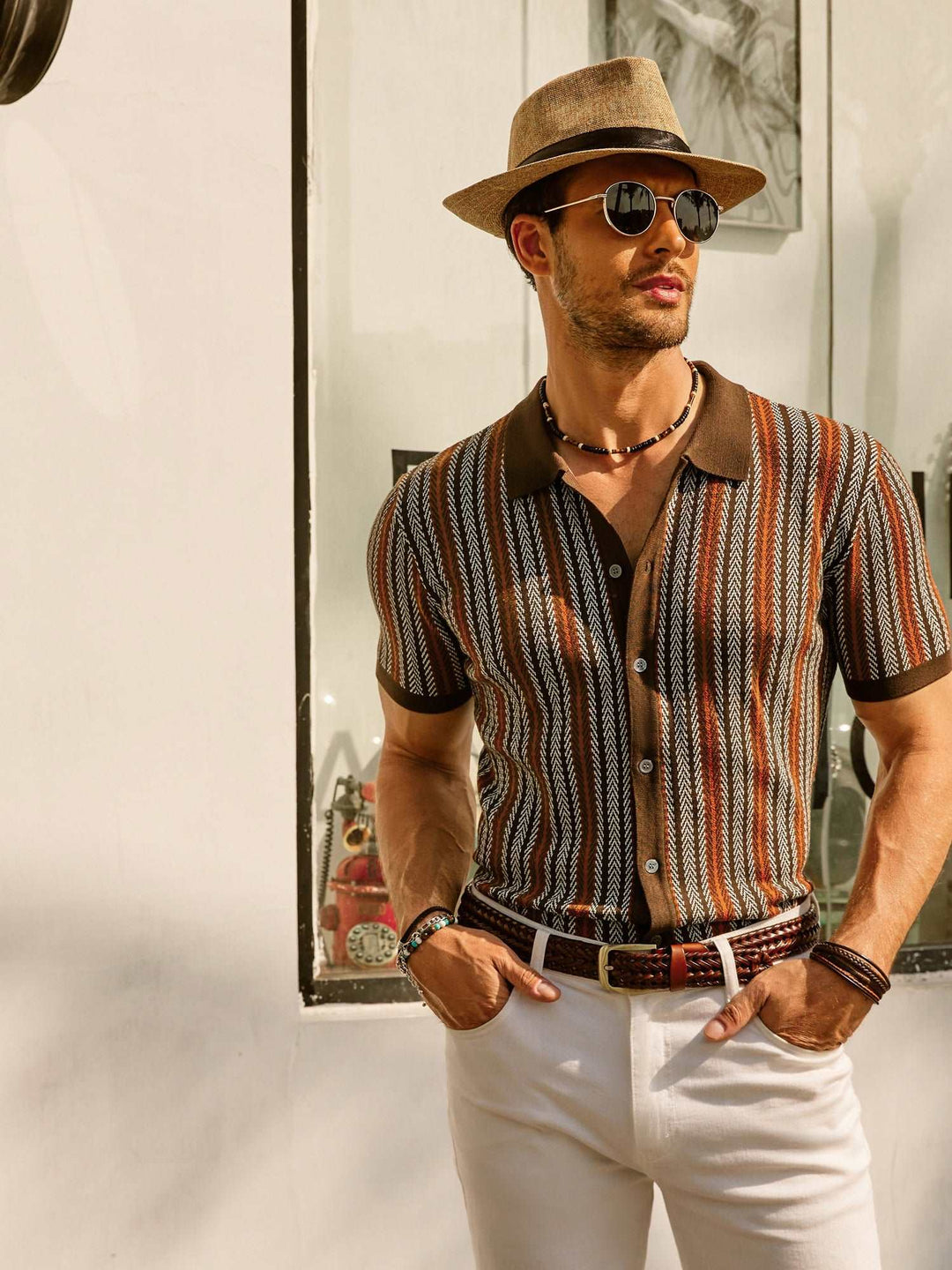 Herren Hemd Baumwolle Retro Button-Down Kurzarm