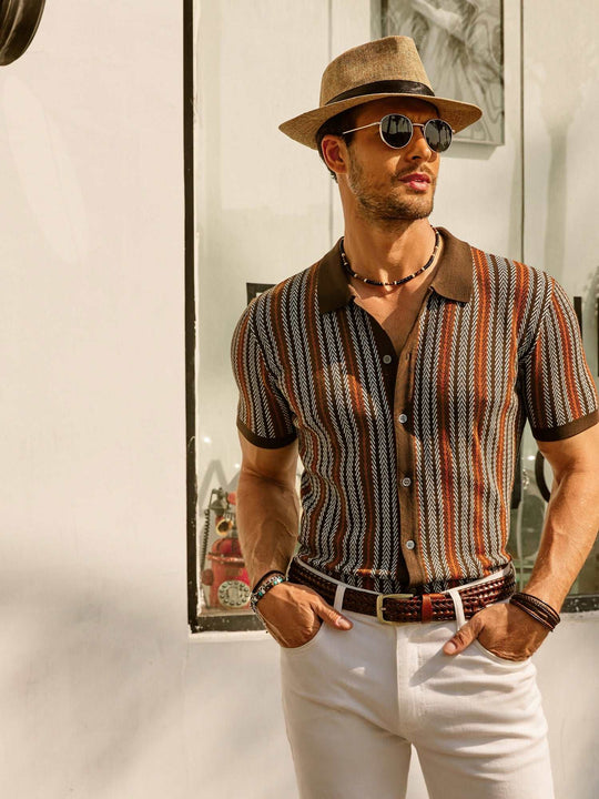 Herren Hemd Baumwolle Retro Button-Down Kurzarm