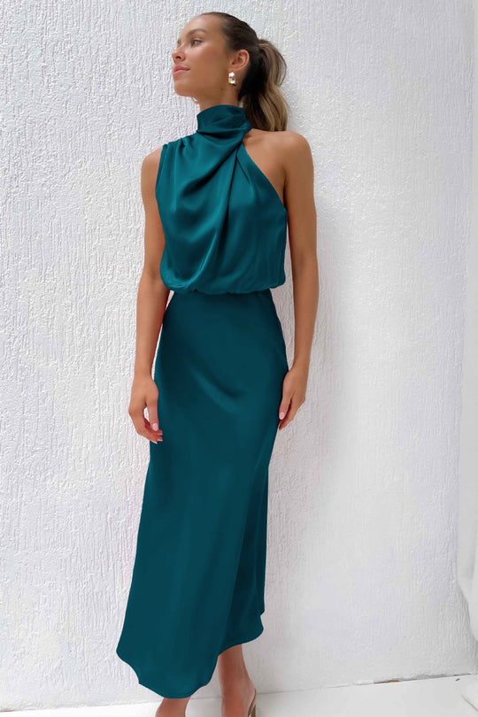 Lange Satijnen Jurk mit Halterneck für Damen