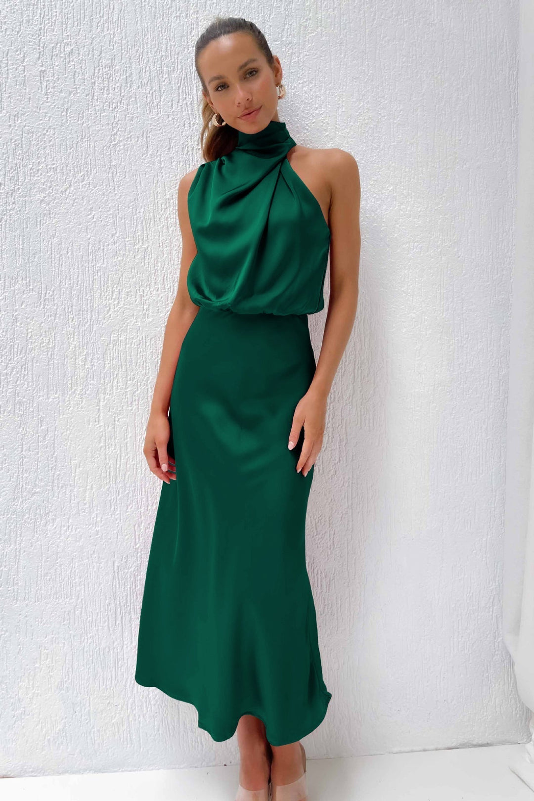 Lange Satijnen Jurk mit Halterneck für Damen