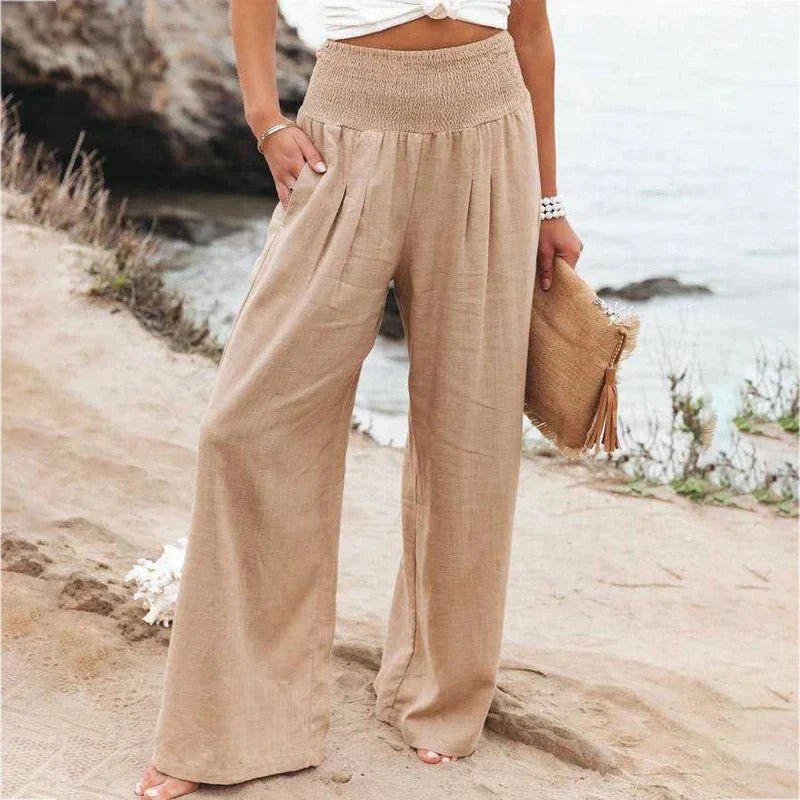 Leichte Sommerhose Damen Baumwolle mit Smock Taille Weite Beine