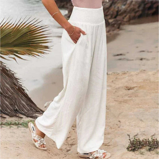 Leichte Sommerhose Damen Baumwolle mit Smock Taille Weite Beine