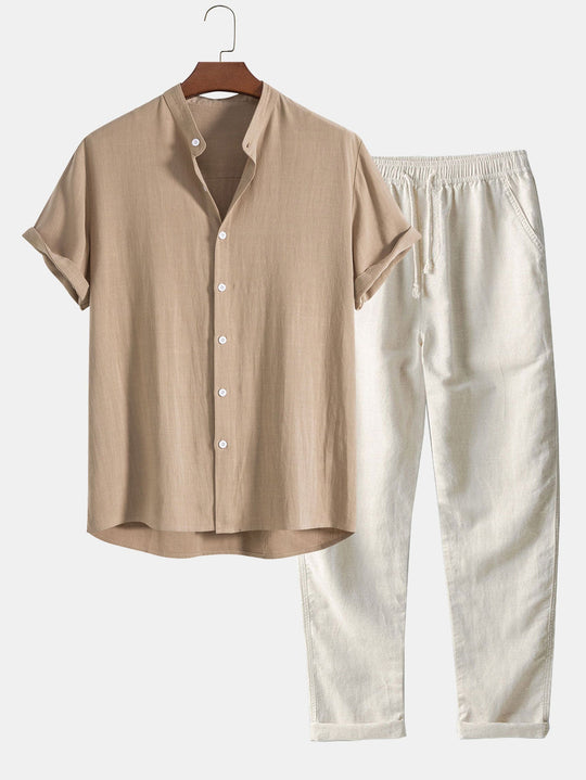Leinen Sommer Set mit Polohemd und Hose für Männer
